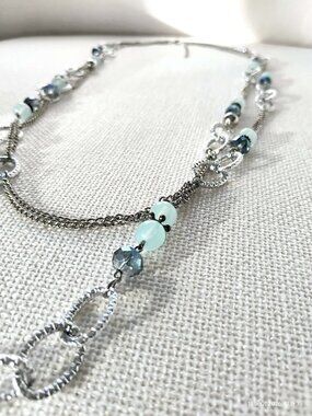 Multi-Layered Long Silver-Toned Necklace Seafoam Blue & Crystal Bead